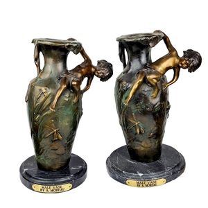 Pair of Antique French Bronze Male Cherub Vases by Auguste Moreau on Marble Base